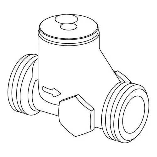 Schmutzfänger von Uponor in einer schematischen Darstellung. Das Produkt zeigt eine vertikale Bauform mit seitlichen Anschlussgewinden und einer Pfeilmarkierung zur Flussrichtung.